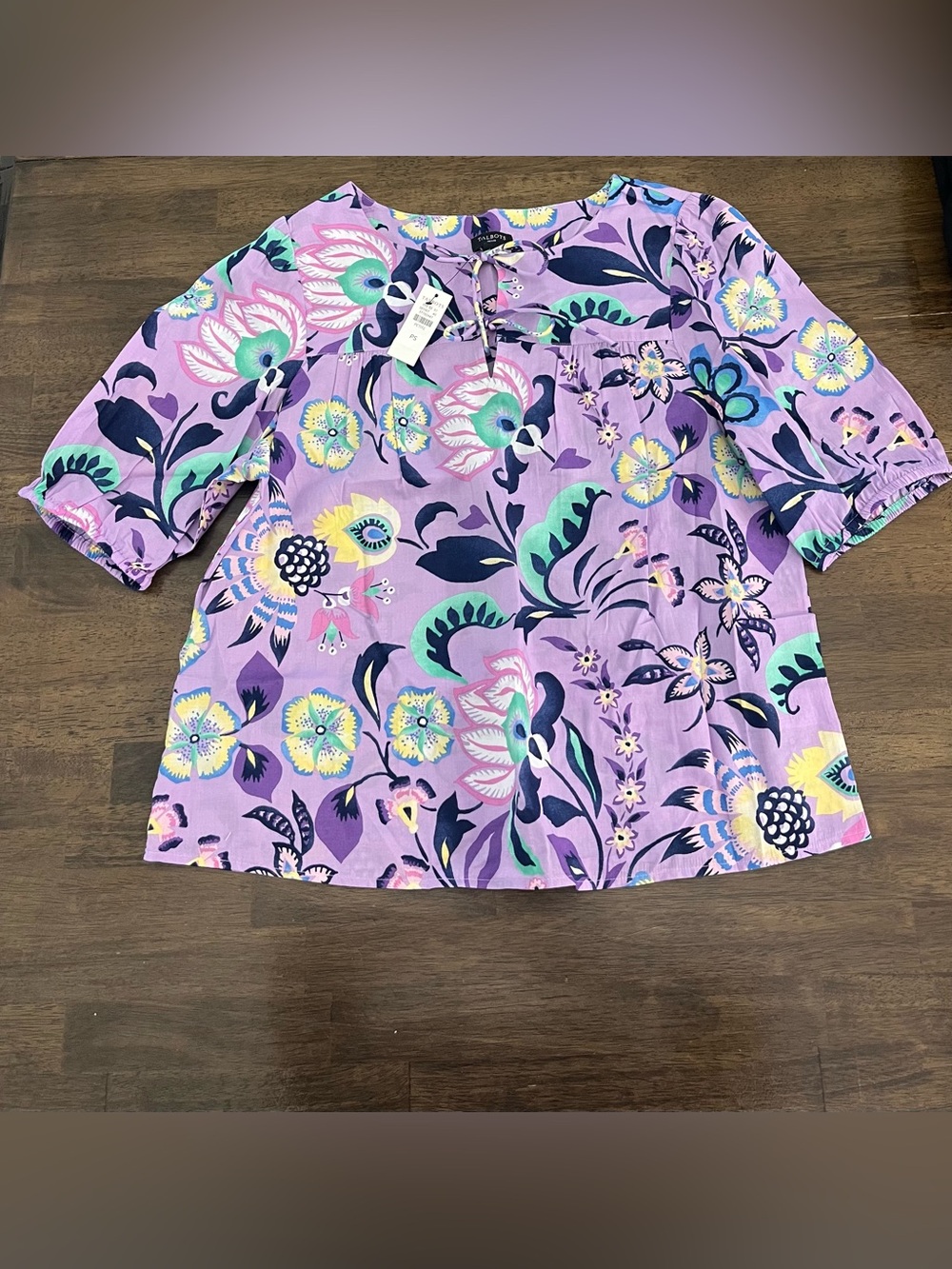 Talbots Lavender Floral Tie-Neck Blouse Short Sleeves Tie Front Top Jacobean SP - Picture 2 of 11